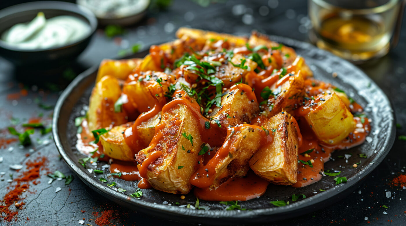 A Warm Plate Of Spanish Patatas Bravas, Drizzled With Spicy Tomato Sauce And Accompanied By A Side Of Garlicky Aioli For Flavor