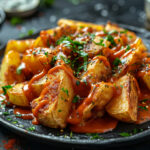 A Warm Plate Of Spanish Patatas Bravas, Drizzled With Spicy Tomato Sauce And Accompanied By A Side Of Garlicky Aioli For Flavor