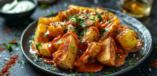 A Warm Plate Of Spanish Patatas Bravas, Drizzled With Spicy Tomato Sauce And Accompanied By A Side Of Garlicky Aioli For Flavor