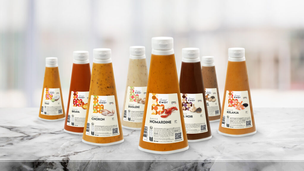 Visuel représentant la gamme de sauce Cuisin'Emoi et leurs packagings.