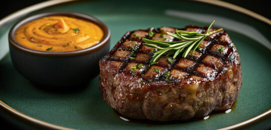 Grilled Beef Steak With Orange Sauce.