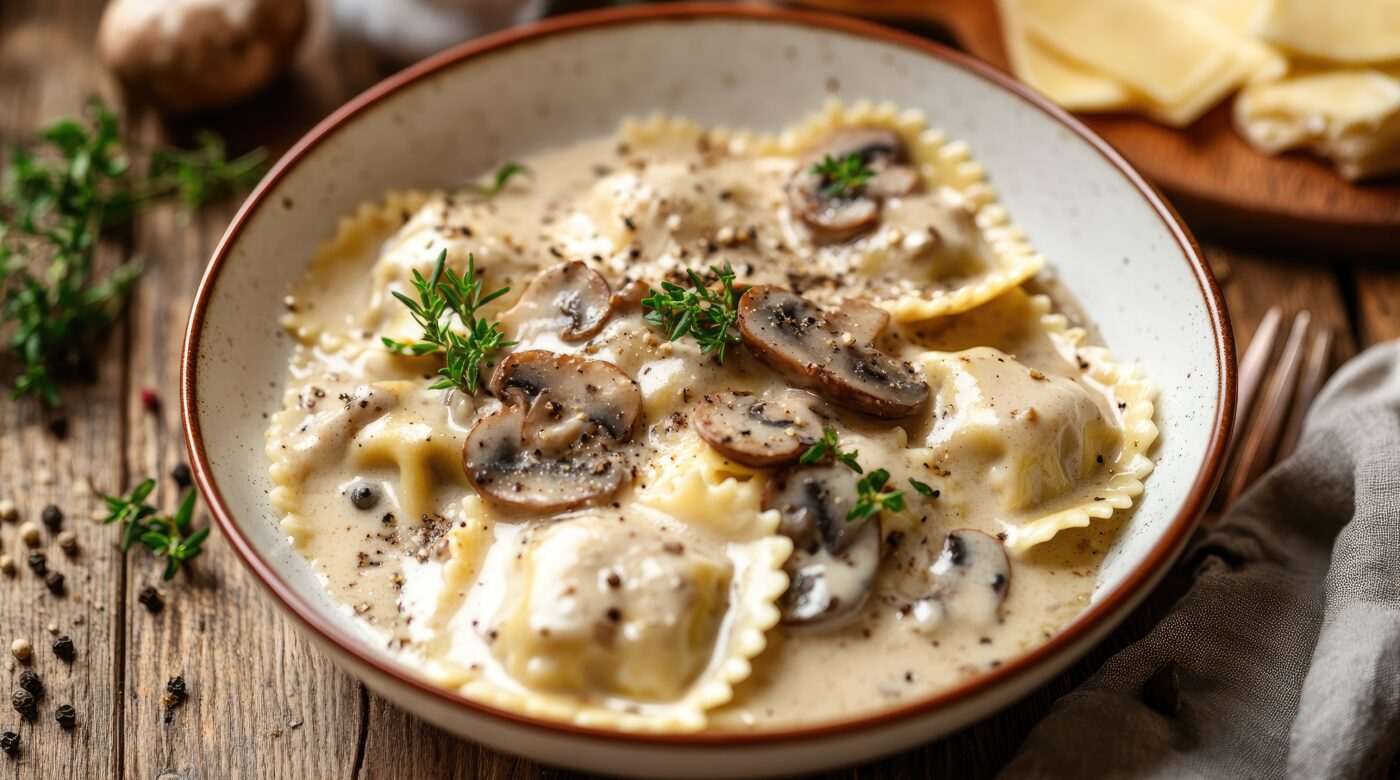 Italian Winter Dish Of Ravioli In A Creamy Mushroom Sauce, Garnished With Herbs And Pepper, Perfect For Promoting Hearty And Comforting Seasonal Recipes.