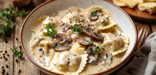 Italian Winter Dish Of Ravioli In A Creamy Mushroom Sauce, Garnished With Herbs And Pepper, Perfect For Promoting Hearty And Comforting Seasonal Recipes.