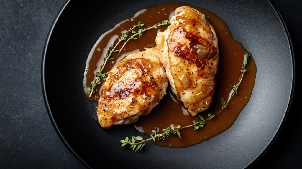 Tender Chicken With Thick Gravy, Isolated On A Matte Black Plate With Artistic Streaks Of Gravy And A Fresh Thyme Sprig