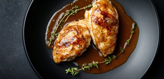 Tender Chicken With Thick Gravy, Isolated On A Matte Black Plate With Artistic Streaks Of Gravy And A Fresh Thyme Sprig