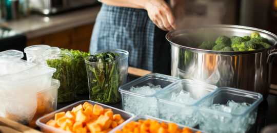 Chef Blanching Vegetables And Preparing Ingredients For Freezing