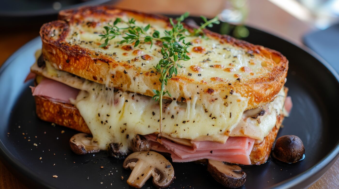 A Golden Brown Croque Monsieur Sandwich With Melted Raclette Cheese, Ham, Herbs, And Mushrooms, Served On A Black Plate.