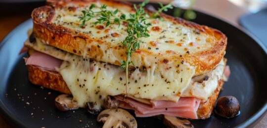A Golden Brown Croque Monsieur Sandwich With Melted Raclette Cheese, Ham, Herbs, And Mushrooms, Served On A Black Plate.