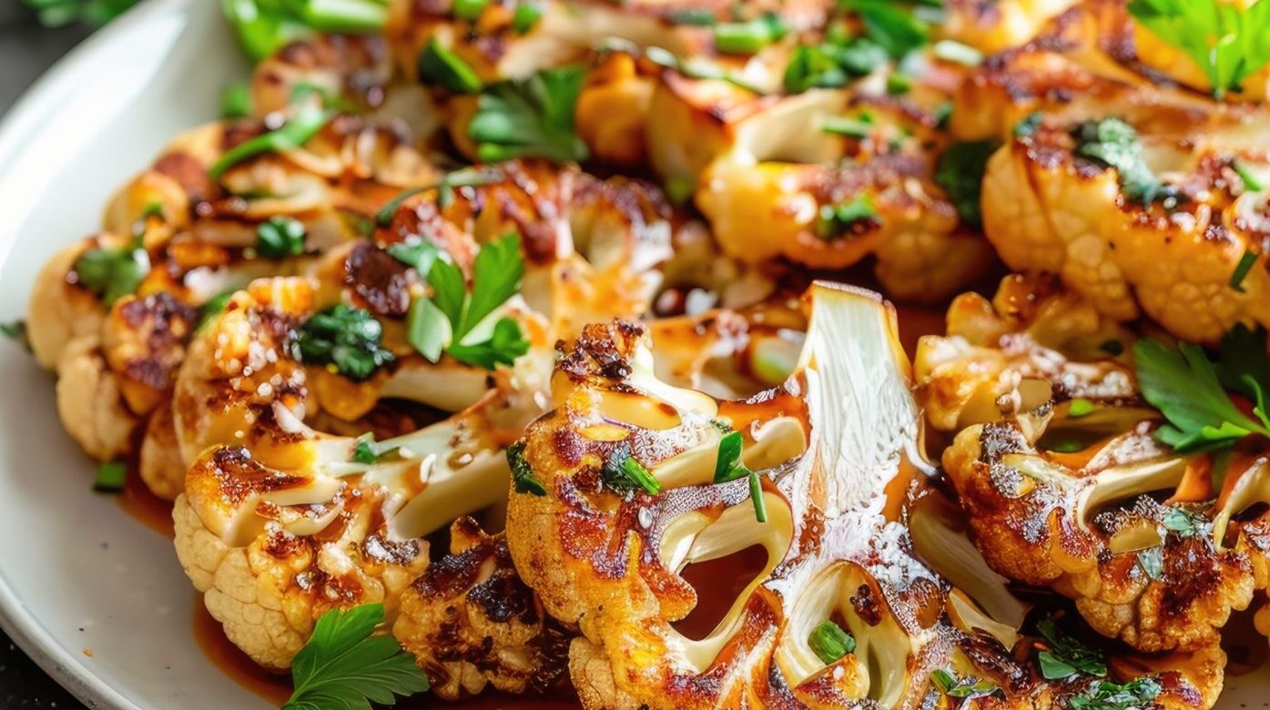 Vegetarian Dish Of Cauliflower Steaks With Sauce On A White Plate Selective Focus