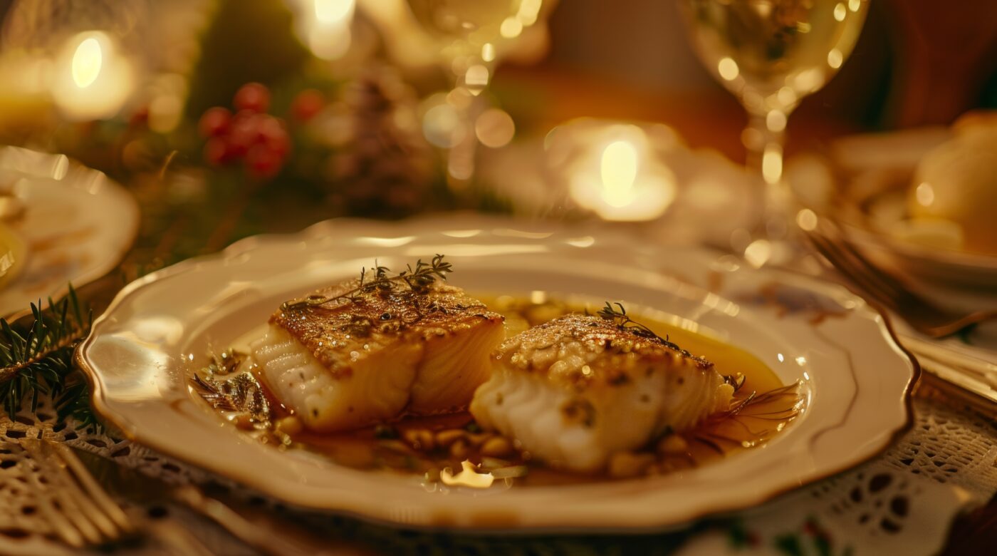 Delicious Bacalao Al Pil Pil Succulent Codfish In Garlic Oil On A Festive Christmas Table