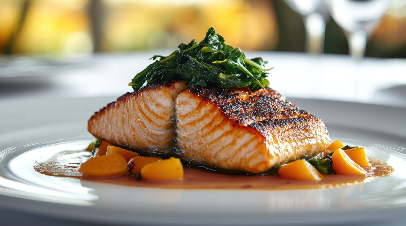 Pan Seared Salmon With Roasted Carrots And Spinach