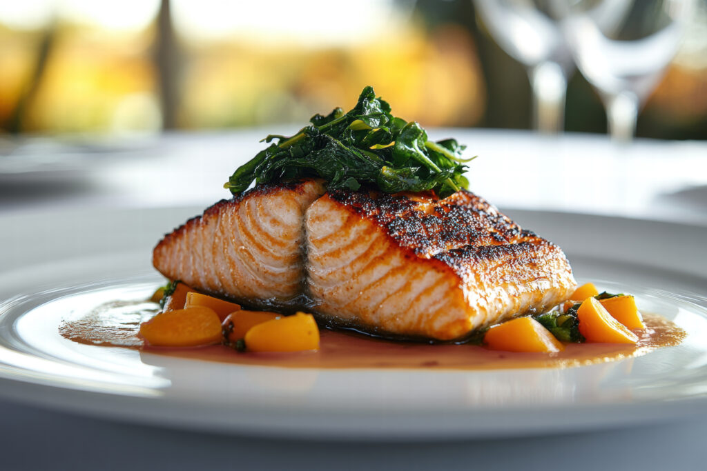 Pan Seared Salmon With Roasted Carrots And Spinach