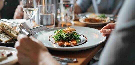 Un plat gastronomique dressé avec élégance, sublimé par une sauce raffinée, servi dans une ambiance de restaurant chic, illustrant l’impact des sauces prêtes à l’emploi Cuisin’Émoi sur l’expérience culinaire.