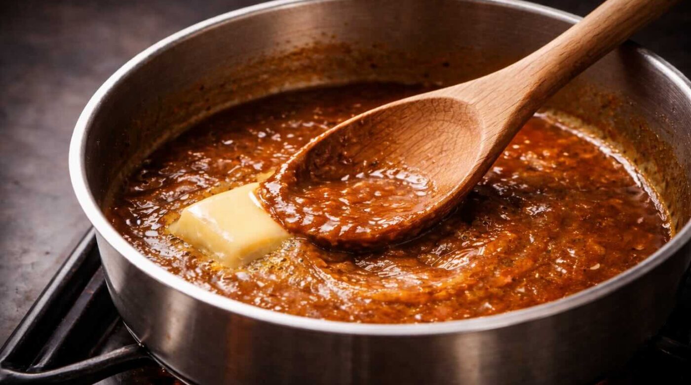Roux brun en cours de cuisson dans une casserole inox