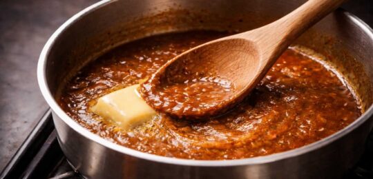 Roux brun en cours de cuisson dans une casserole inox