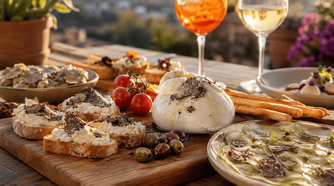 Planche d’aperitivo italien avec burrata, crostini et carpaccio de courgettes à la truffe d’été