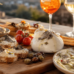 Planche d’aperitivo italien avec burrata, crostini et carpaccio de courgettes à la truffe d’été
