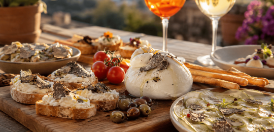 Planche d’aperitivo italien avec burrata, crostini et carpaccio de courgettes à la truffe d’été