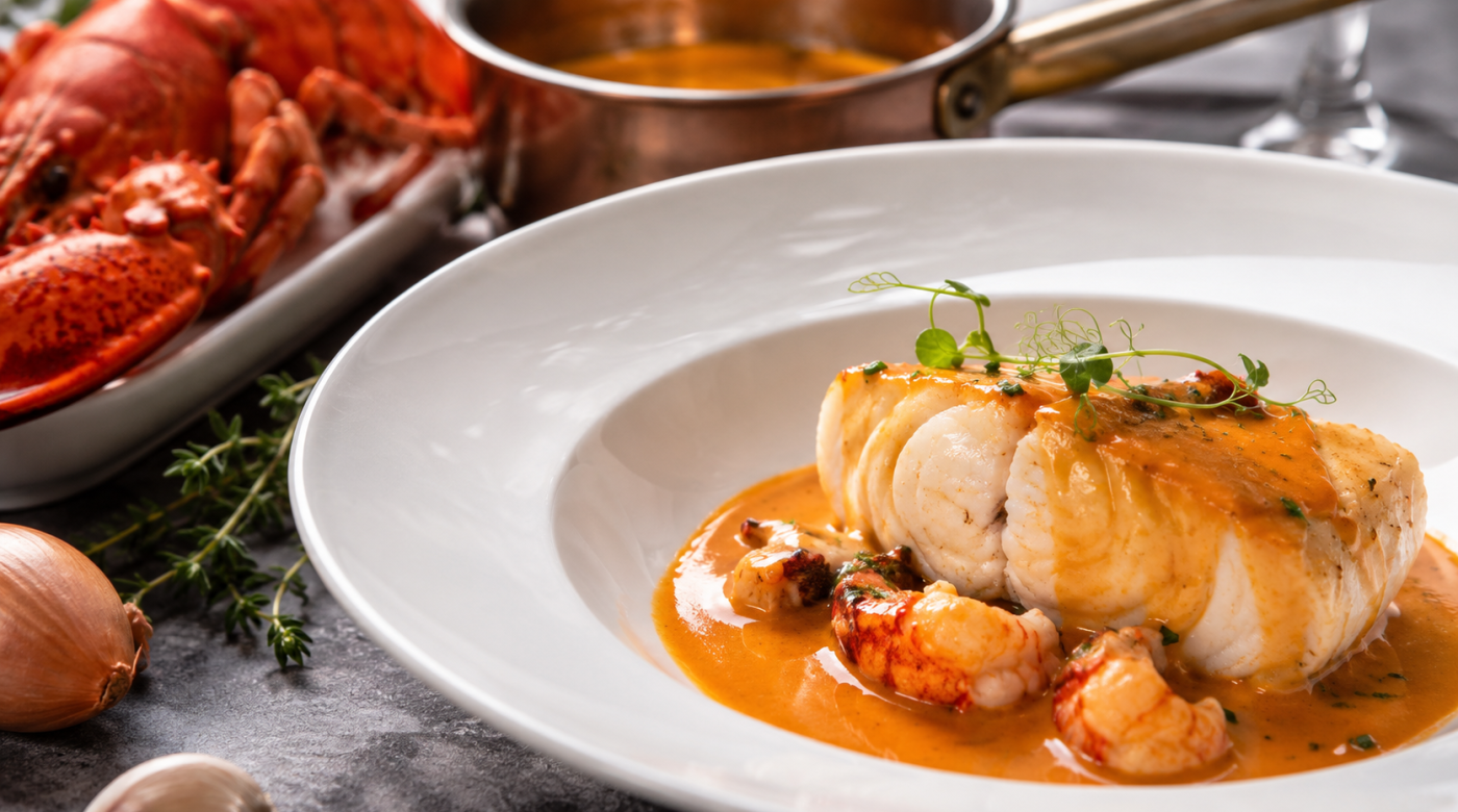 Filet de poisson nappé de bisque de homard, accompagné de morceaux de crustacés