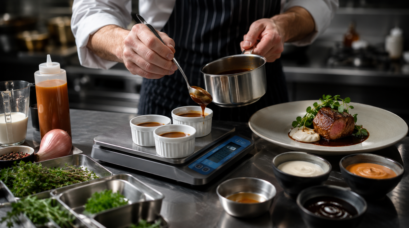Chef dosant précisément des portions de sauce sur une balance en cuisine professionnelle