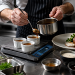 Chef dosant précisément des portions de sauce sur une balance en cuisine professionnelle