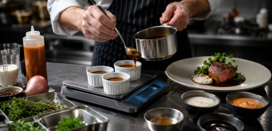 Chef dosant précisément des portions de sauce sur une balance en cuisine professionnelle