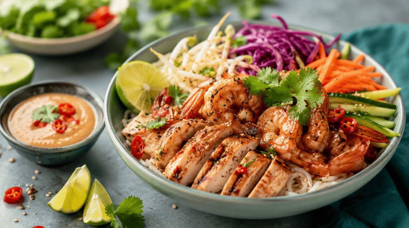 Bowl thaï au poulet et aux crevettes nappés de sauce Thaï, accompagné de légumes croquants